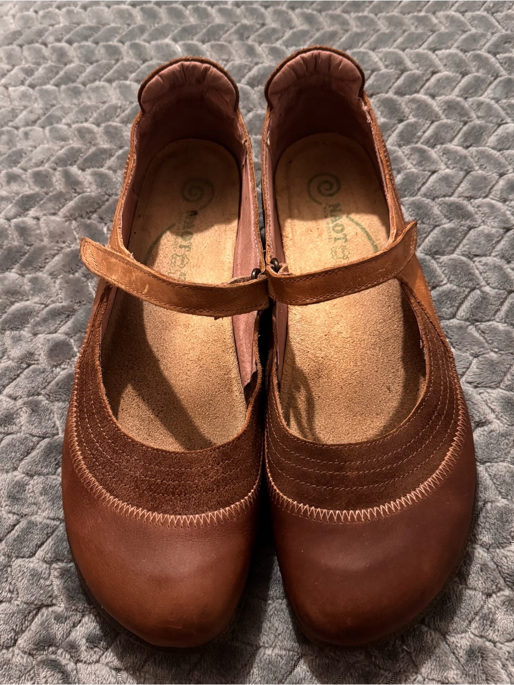 Naot Antique BrownSuede Combo Kirei  Mary Jane Flats with Adjustable Strap